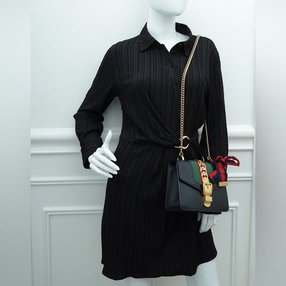 💃Authentic GUCCI Sylvie Mini Sherry Line Leather Chain Shoulder Bag Black - Picture 11 of 11